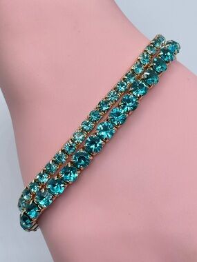 Gold Tone Teal Crystal Stretch Bracelets Stackable Set Sparkle